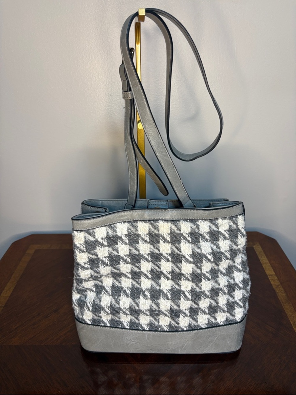 Gray Houndstooth Tote Bag with Trim